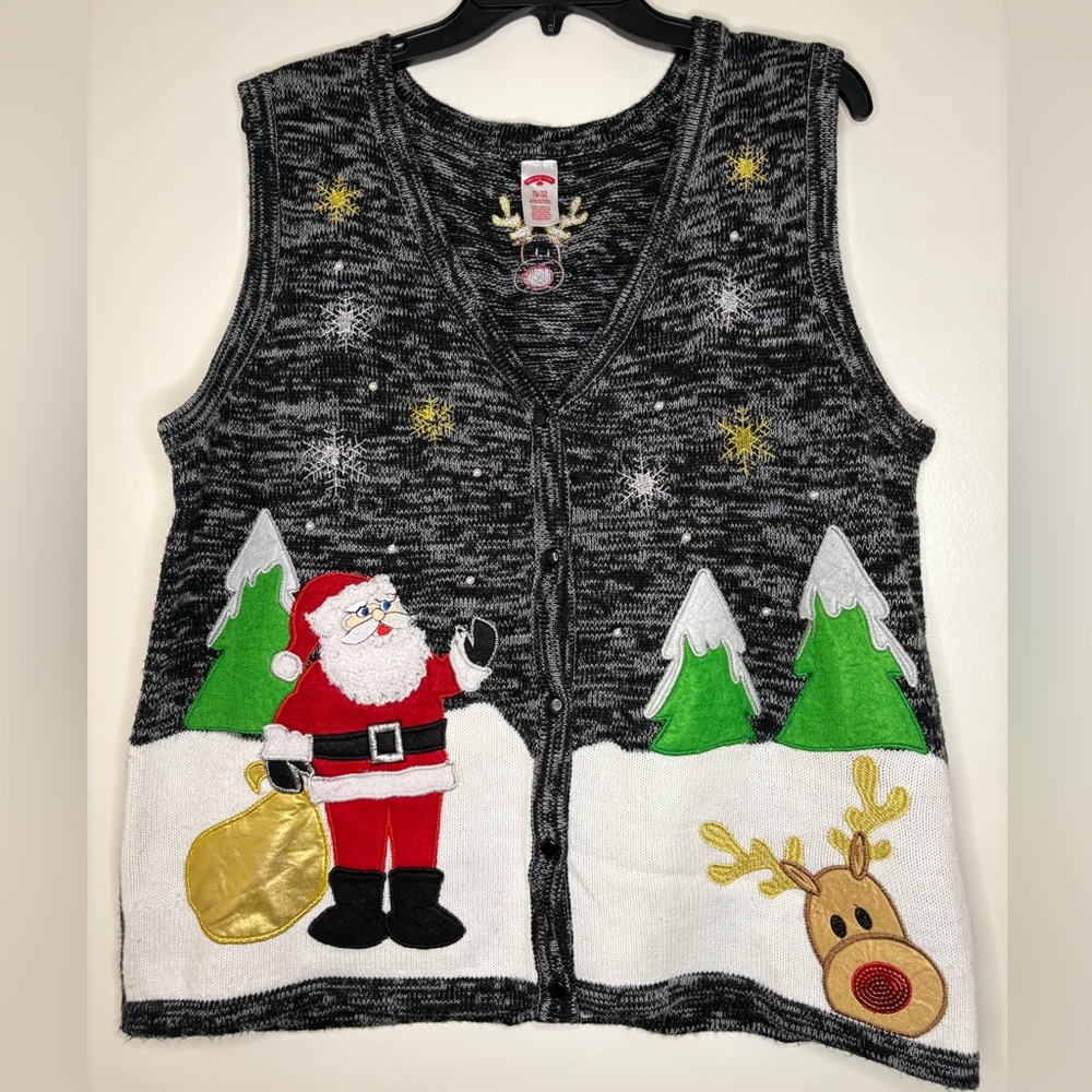 Christmas Knit Sweater Vest XL Festive Holiday Vest Santa Deer Embroidered